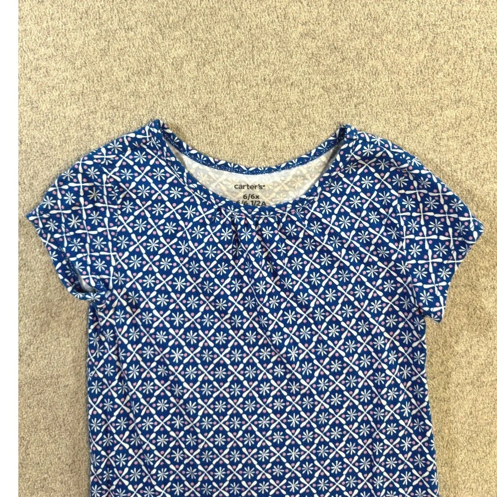 Carters Dress Girls 6/6x Blue White Geometric Floral Drop Waist‎ Short Slv